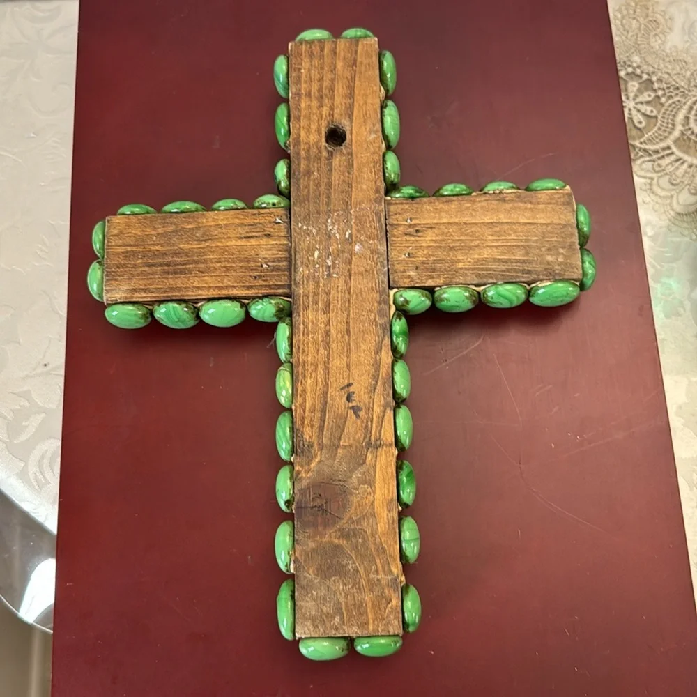 Handmade Artisans Green Beaded Cross Wall Decor